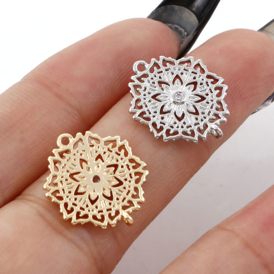 Bild von Messing Verbinder Echtgold plattiert Blumen Micro Pave Klar Zirkonia 17mm x 14mm, 2 Stück