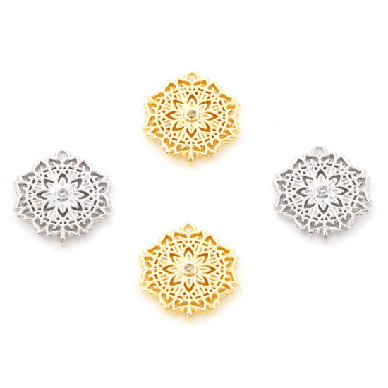 Bild von Messing Verbinder Echtgold plattiert Blumen Micro Pave Klar Zirkonia 17mm x 14mm, 2 Stück