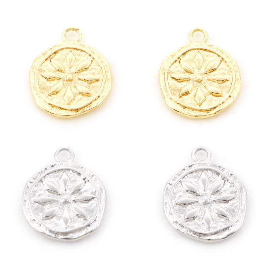 Изображение Латунь Подвески Круглые настоящее золото с покрытием Цветок 17мм x 14мм, 2 ШТ
