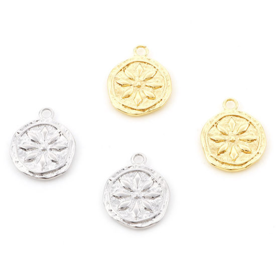 Изображение Латунь Подвески Круглые настоящее золото с покрытием Цветок 17мм x 14мм, 2 ШТ