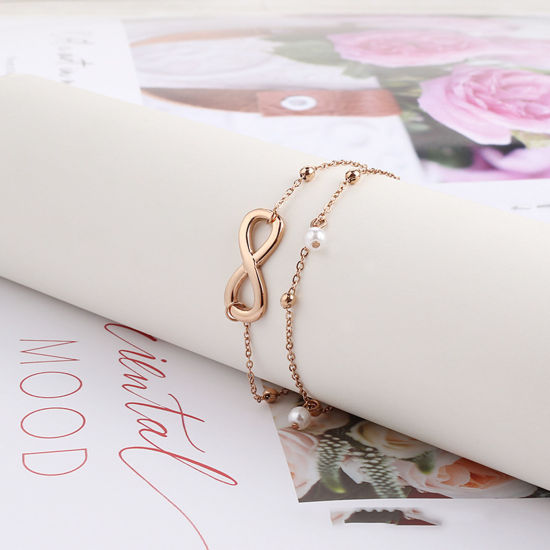 Imagen de 304 Acero Inoxidable Elegante Cable Cadena Cruz Tobillera De Capas MúLtiples Multicolor Imitación de perla Símbolo del infinito 22cm longitud, 1 Unidad