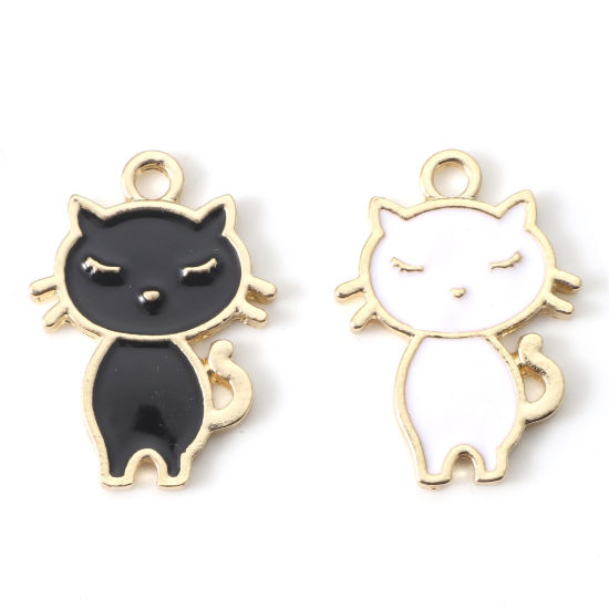 Immagine di Lega di Zinco Charms Gatto Oro Placcato Multicolore Smalto 24mm x 17mm , 10 Pz
