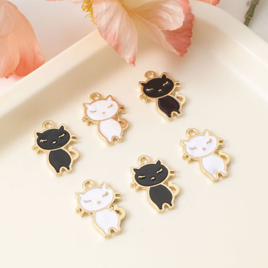 Immagine di Lega di Zinco Charms Gatto Oro Placcato Multicolore Smalto 24mm x 17mm , 10 Pz