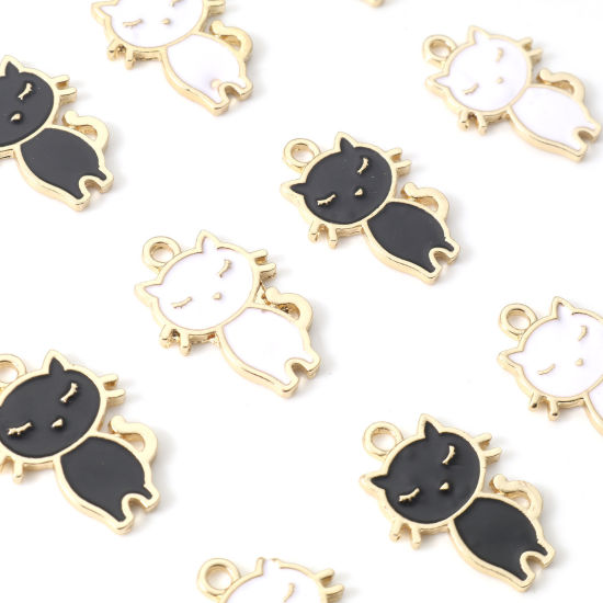 Immagine di Lega di Zinco Charms Gatto Oro Placcato Multicolore Smalto 24mm x 17mm , 10 Pz