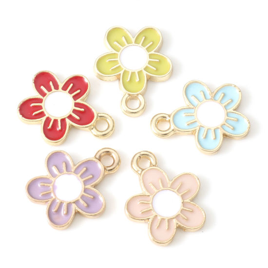 Bild von Zinklegierung Charms Blumen Vergoldet Bunt Emaille 16mm x 13mm, 10 Stück