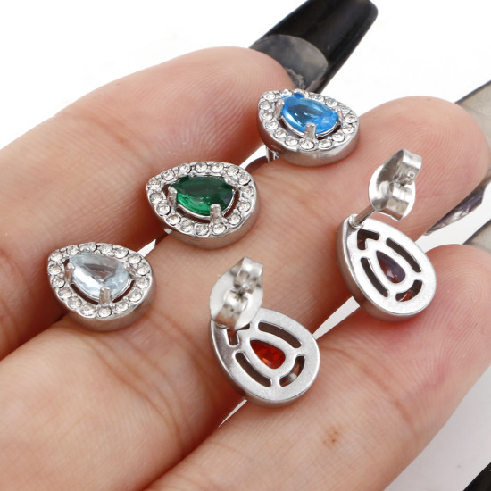 Imagen de 304 Acero Inoxidable piedra del zodíaco Pendientes Tono de Plata Gota Micro Pave 11mm x 8.5mm, Post/ Wire Size: (20 gauge), 1 Par