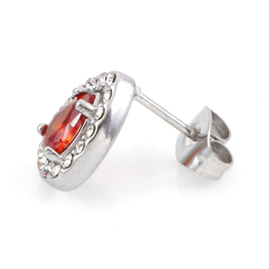 Imagen de 304 Acero Inoxidable piedra del zodíaco Pendientes Tono de Plata Gota Micro Pave 11mm x 8.5mm, Post/ Wire Size: (20 gauge), 1 Par