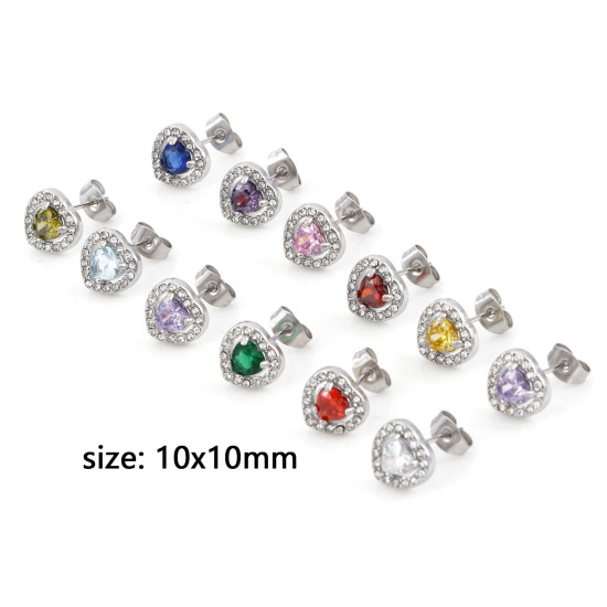 Picture of 304 Stainless Steel Birthstone Ear Post Stud Earrings Silver Tone Heart Micro Pave 10mm x 10mm