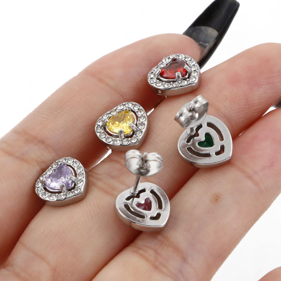 Picture of 304 Stainless Steel Birthstone Ear Post Stud Earrings Silver Tone Heart Micro Pave 10mm x 10mm