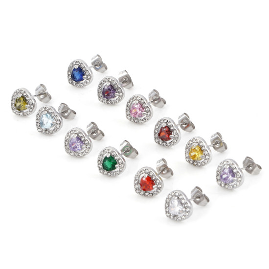 Picture of 304 Stainless Steel Birthstone Ear Post Stud Earrings Silver Tone Heart Micro Pave 10mm x 10mm