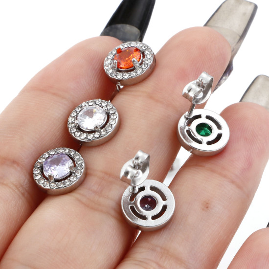 Picture of 304 Stainless Steel Birthstone Ear Post Stud Earrings Silver Tone Round Micro Pave 9.5mm Dia.