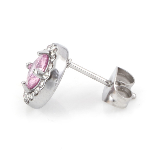Picture of 304 Stainless Steel Birthstone Ear Post Stud Earrings Silver Tone Round Micro Pave 9.5mm Dia.