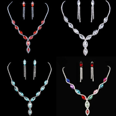 Hochzeit Schmuck Halskette Ohrringe Set Silberfarbe Marquise Quaste Bunt Strass 1 Set