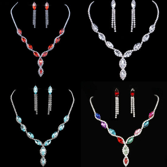 Picture of Wedding Jewelry Necklace Earrings Set Silver Tone Marquise Tassel Multicolor Rhinestone
