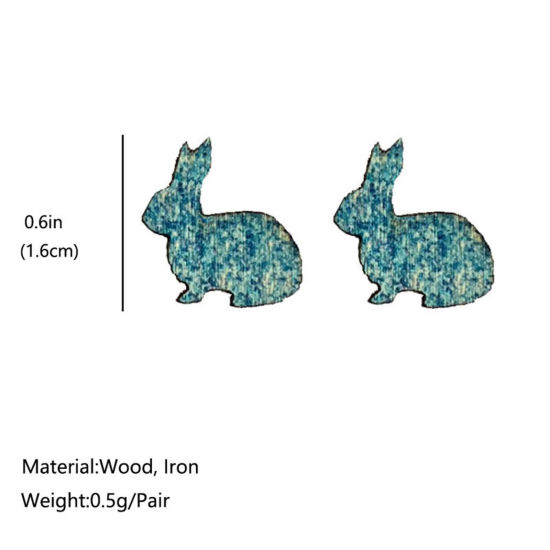 Picture of Natural Wood Easter Day Ear Post Stud Earrings Multicolor Rabbit Animal Glitter