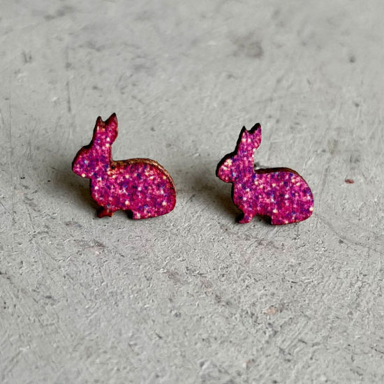 Picture of Natural Wood Easter Day Ear Post Stud Earrings Multicolor Rabbit Animal Glitter