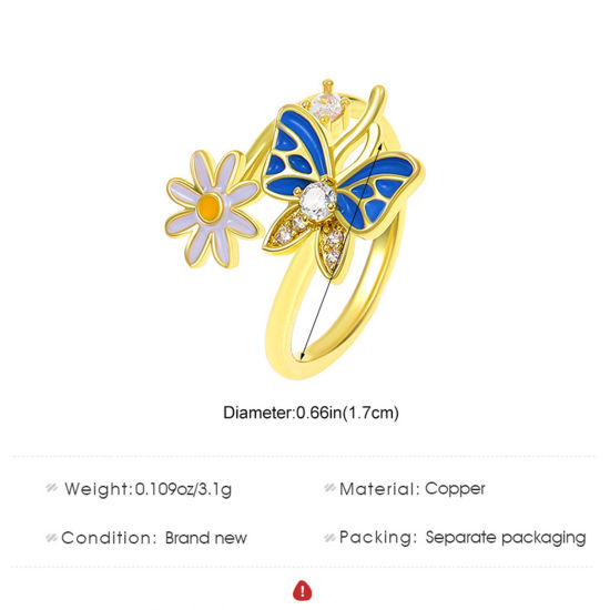 Picture of Brass Insect Open Adjustable Rings Butterfly Animal Flower Multicolor Blue Enamel Clear Cubic Zirconia                                                                                                                                                        