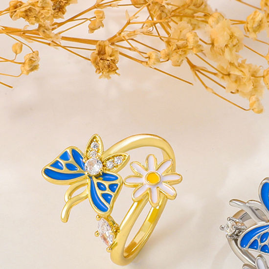 Picture of Brass Insect Open Adjustable Rings Butterfly Animal Flower Multicolor Blue Enamel Clear Cubic Zirconia                                                                                                                                                        