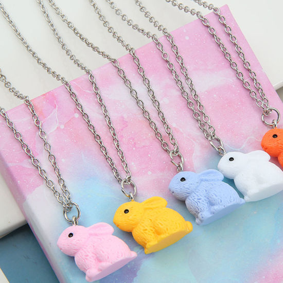 Picture of Resin Easter Day Pendant Necklace Silver Tone Multicolor Rabbit Animal Painted