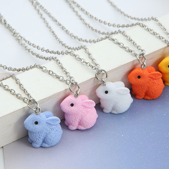 Picture of Resin Easter Day Pendant Necklace Silver Tone Multicolor Rabbit Animal Painted