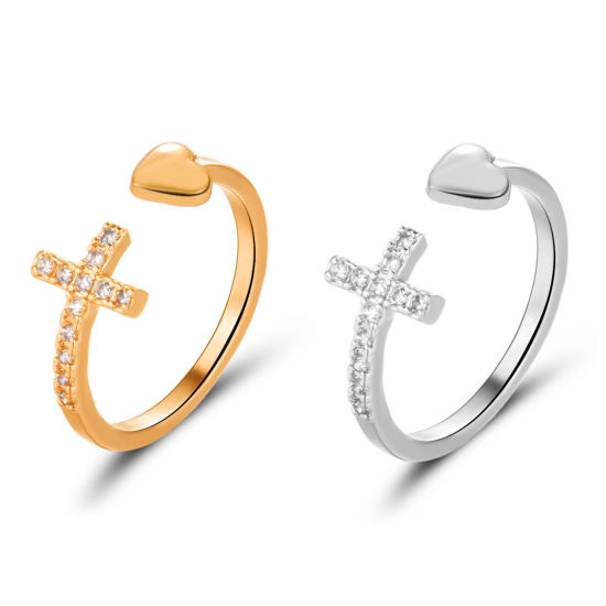 Picture of Brass Religious Open Adjustable Rings Cross Heart Multicolor Micro Pave Clear Rhinestone                                                                                                                                                                      