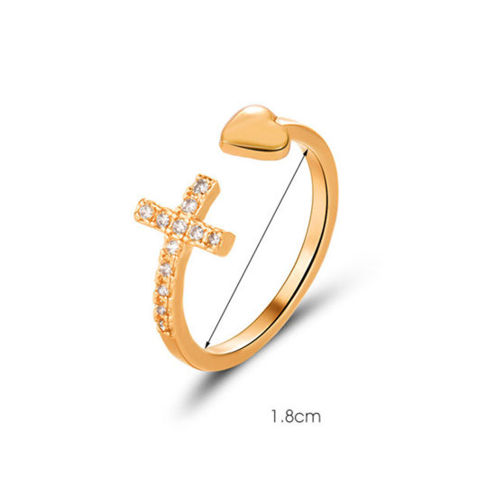Bild von Messing Religiös Offen Verstellbar Ring Kreuz Herz Bunt Micro Pave Transparent Strassstein 1 Stück                                                                                                                                                            