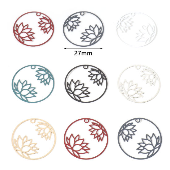 Imagen de Hierro Filigrana Estampación Colgantes Charms Ronda Multicolor Flor de Loto 27mm Dia, 10 Unidades