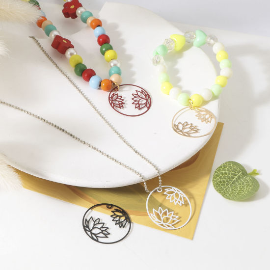 Imagen de Hierro Filigrana Estampación Colgantes Charms Ronda Multicolor Flor de Loto 27mm Dia, 10 Unidades