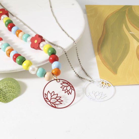 Imagen de Hierro Filigrana Estampación Colgantes Charms Ronda Multicolor Flor de Loto 27mm Dia, 10 Unidades