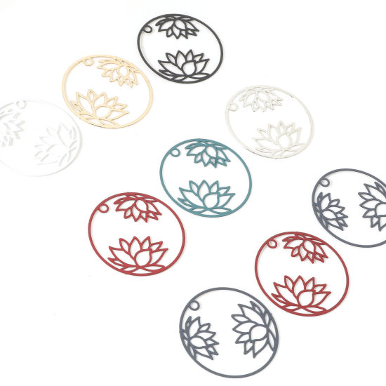 Imagen de Hierro Filigrana Estampación Colgantes Charms Ronda Multicolor Flor de Loto 27mm Dia, 10 Unidades