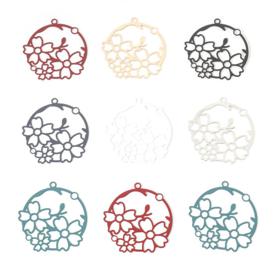 Image de Pendentifs Estampe en Filigrane en Alliage de Fer Rond Multicolore Fleurs 3.2cm x 3cm, 10 Pcs