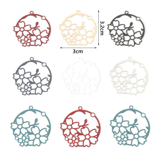 Image de Pendentifs Estampe en Filigrane en Alliage de Fer Rond Multicolore Fleurs 3.2cm x 3cm, 10 Pcs
