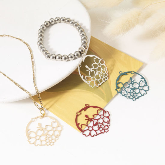 Image de Pendentifs Estampe en Filigrane en Alliage de Fer Rond Multicolore Fleurs 3.2cm x 3cm, 10 Pcs
