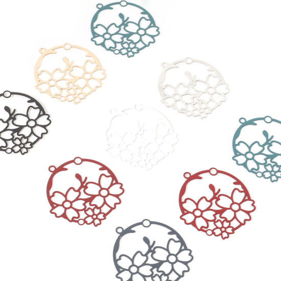 Image de Pendentifs Estampe en Filigrane en Alliage de Fer Rond Multicolore Fleurs 3.2cm x 3cm, 10 Pcs