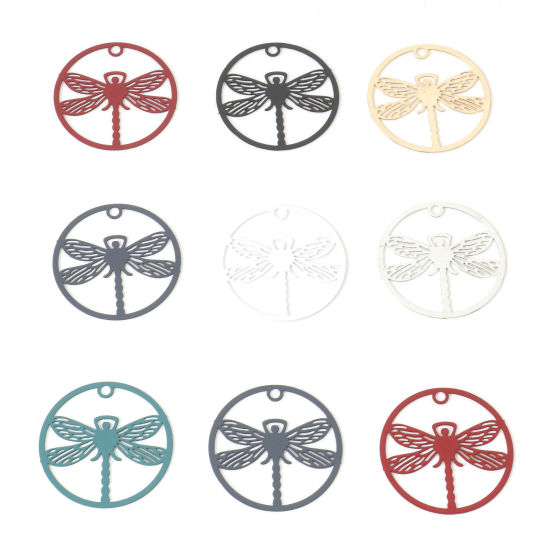 Picture of Iron Based Alloy Filigree Stamping Charms Multicolor Round Dragonfly 25mm Dia.