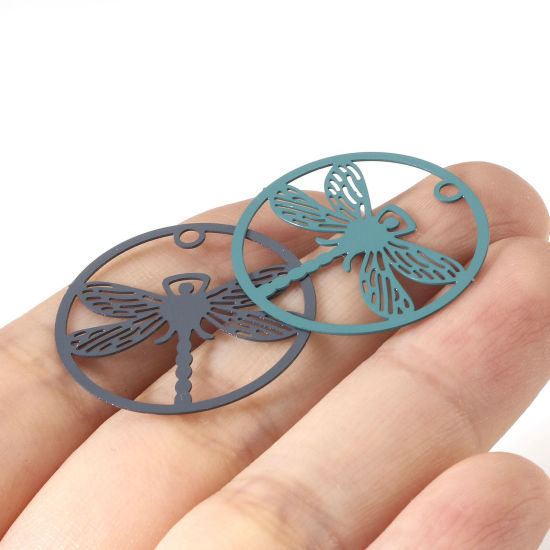 Picture of Iron Based Alloy Filigree Stamping Charms Multicolor Round Dragonfly 25mm Dia.