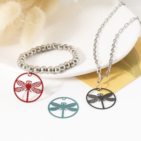 Picture of Iron Based Alloy Filigree Stamping Charms Multicolor Round Dragonfly 25mm Dia.