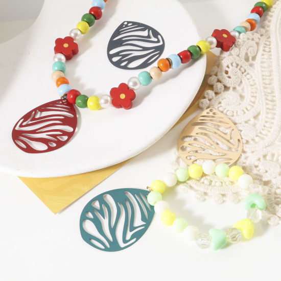 Immagine di Lega di Ferro Filigree Stamping Ciondoli Goccia Multicolore 4.5cm x 3.6cm , 5 Pz