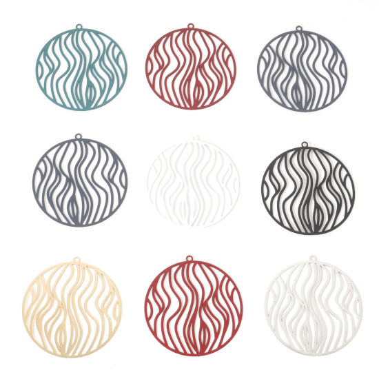 Bild von Eisenlegierung Filigran Stempel Verzierung Anhänger Rund Bunt Streifen 3.8cm x 3.6cm, 10 Stück