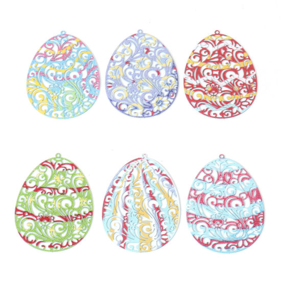 Immagine di Lega di Ferro Pittura di Smalto Ciondoli Uovo di Pasqua Multicolore Filigree Stamping 4.5cm x 3.3cm , 5 Pz