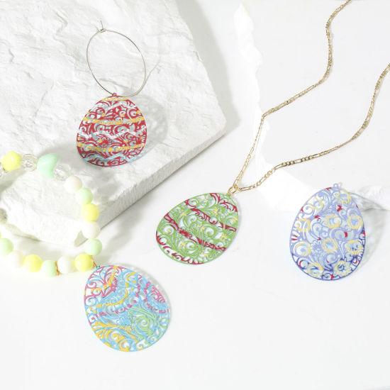Immagine di Lega di Ferro Pittura di Smalto Ciondoli Uovo di Pasqua Multicolore Filigree Stamping 4.5cm x 3.3cm , 5 Pz