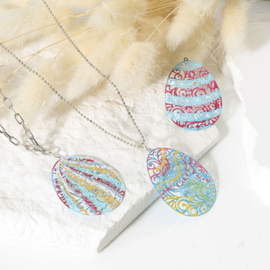 Immagine di Lega di Ferro Pittura di Smalto Ciondoli Uovo di Pasqua Multicolore Filigree Stamping 4.5cm x 3.3cm , 5 Pz