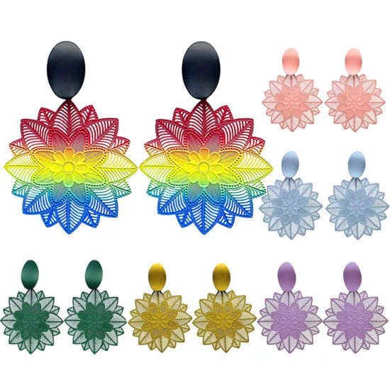 Image de Boucles d'Oreilles en Laiton Estampe en Filigrane Multicolore Fleur Creux 1 Paire                                                                                                                                                                             