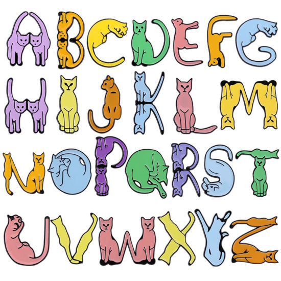 可愛い かわいい キュート ブローチ 猫 文字 " A-Z " 多色 エナメル 1 個 の画像