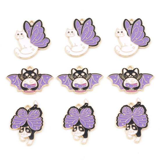 Picture of Zinc Based Alloy Charms Gold Plated Purple Cat Animal Butterfly Enamel