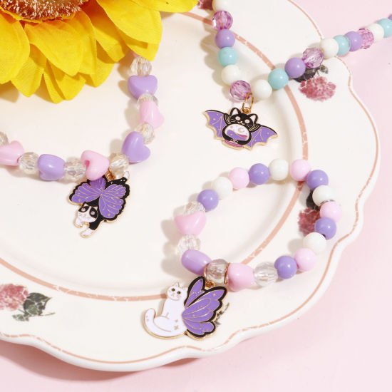 Picture of Zinc Based Alloy Charms Gold Plated Purple Cat Animal Butterfly Enamel