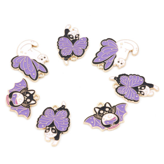 Picture of Zinc Based Alloy Charms Gold Plated Purple Cat Animal Butterfly Enamel