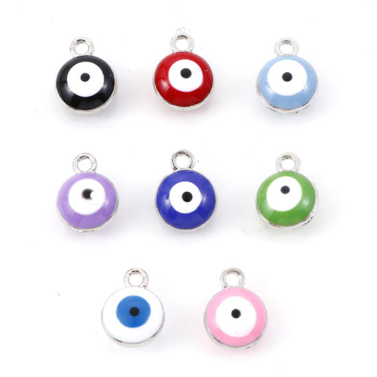 Imagen de Zamak Religión Colgantes Charms Ronda Tono de Plata Multicolor Mal de ojo Esmalte 11mm x 8mm, 20 Unidades