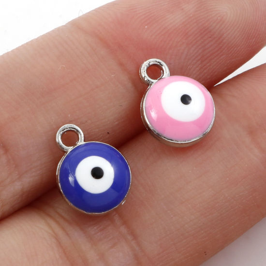 Imagen de Zamak Religión Colgantes Charms Ronda Tono de Plata Multicolor Mal de ojo Esmalte 11mm x 8mm, 20 Unidades