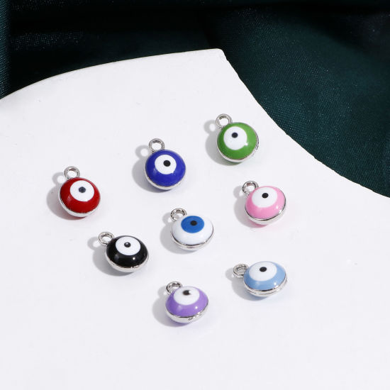 Imagen de Zamak Religión Colgantes Charms Ronda Tono de Plata Multicolor Mal de ojo Esmalte 11mm x 8mm, 20 Unidades